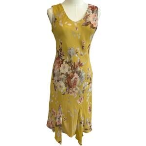 Lily Petite Small Floral Handkerchief Hem 90s Y2K Yellow Rayon Midi Dress